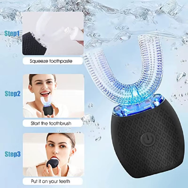 U Shape Sonic Electric Toothbrush 360 Degree Mouth Cleansing Automatic Silicone Toothbrush Cold Blue Light Teeth Whitening Brush